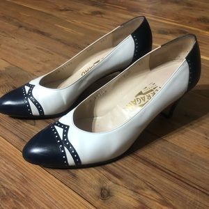 Salvatore Ferragamo ‘Rondine’ Navy & White Pumps